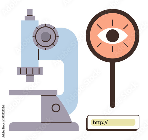 Scientific research, data analysis, online security, digital monitoring, vision study, and optics. Microscope, eye symbol on sign and web address. Research and data analysis concept