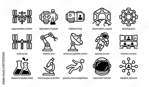 Space exploration icons: stations, modules, antennas, astronauts, control systems