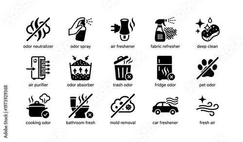 Household odor solutions and cleaning icons for fresh air
