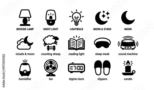 Sleep icons collection including lamp, lightbulb, moon, and more