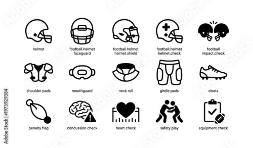 Football icon set: helmets, pads, checks, and safety gear