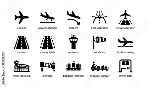 Airplane and airport icon set featuring runway and control tower