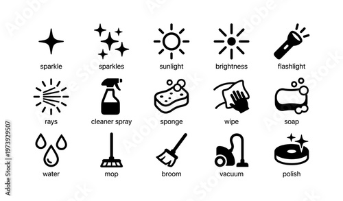 Cleaning icons set: tools for sparkle and shine