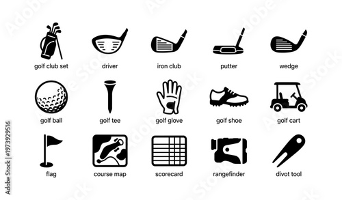 Golf equipment icons: clubs, accessories, and course tools