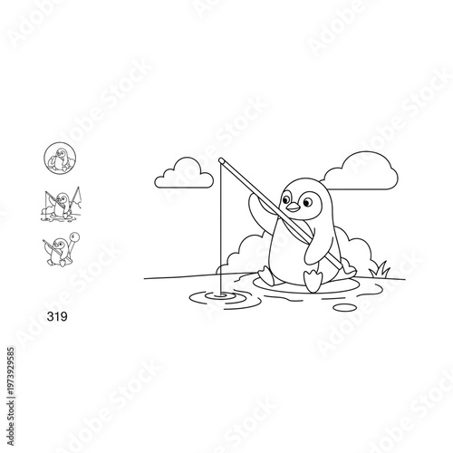 Cartoon penguin fishing with apple and clouds with an apple sits nearby
