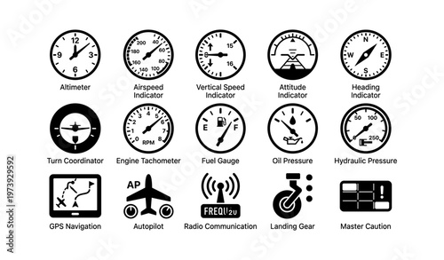 Aircraft cockpit instruments: altimeter, airspeed, vertical speed, attitude, navigation