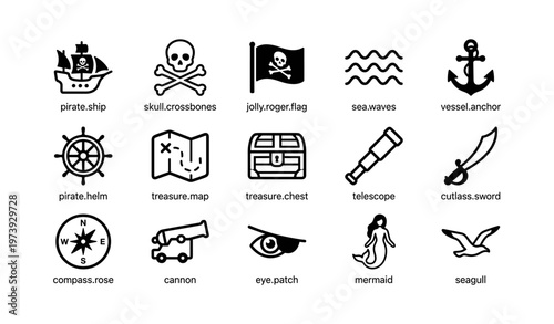 Pirate icons collection featuring ships, treasure, and nautical symbols