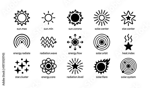 Set of 16 solar and energy icons: sun, star, orbit, radiation, and energy symbols