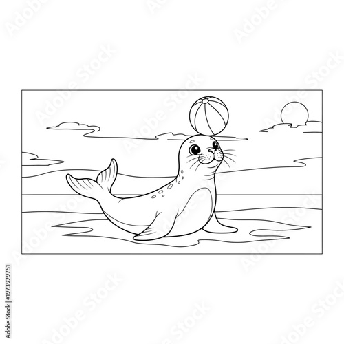 Cute seal balancing ball coloring page for kids