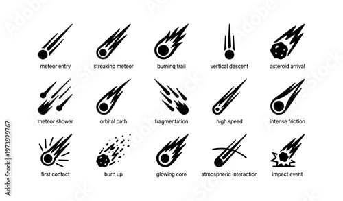 Meteor icons set: entry, trajectory, impact, fragmentation, high speed