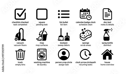 Collection of black and white household chore icons with labels