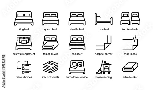 Bed types and hotel services icons: king, queen, twin, housekeeping, linens