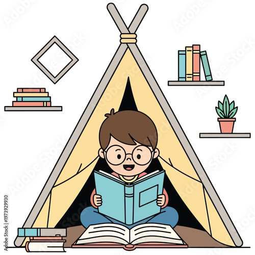 Cute cartoon boy wearing glasses reading book in a teepee tent enjoying story time with books around him.