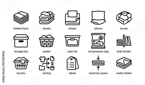 Organized linen storage icons: folded linens, towels, sheets, pillows, duvets, and storage solutions