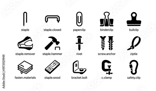 Assorted office and hardware tools icons set in black and white