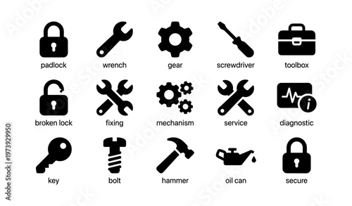 Tool icons set: padlock, wrench, gear, screwdriver, toolbox, hammer, bolt, oil can, diagnostic symbols