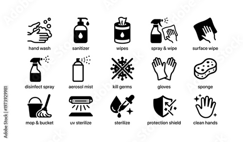 Hygiene and cleaning icon set featuring hand wash, sanitizer, wipes, spray and surface cleaners