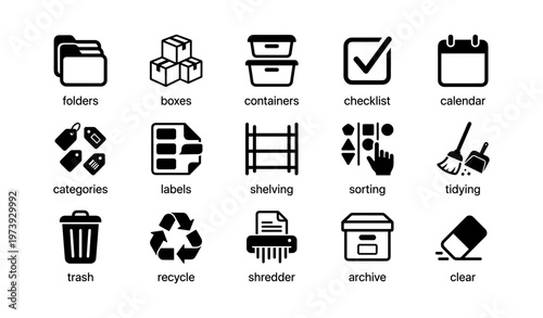 Collection of organizational icons: folders, boxes, containers, checklist, calendar, labels, shelving, sorting, tidying