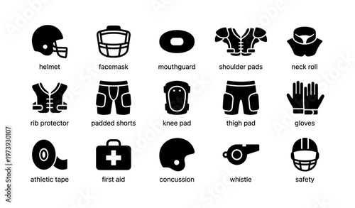 Football protective gear icons: helmet, shoulder pads, gloves, knee pad, whistle