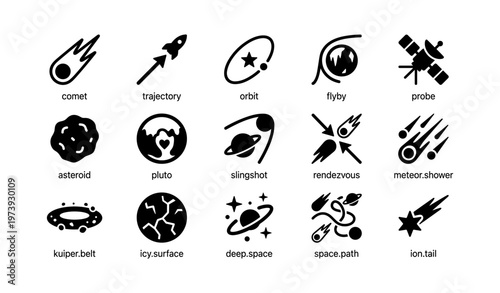 Space exploration icons: comet, orbit, probe, pluto, meteor shower