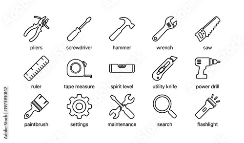 Set of 16 essential tools icons including hammer, wrench, saw, and flashlight