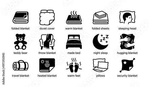 Collection of sleep and comfort symbols: blankets, beds, and pillows icon set