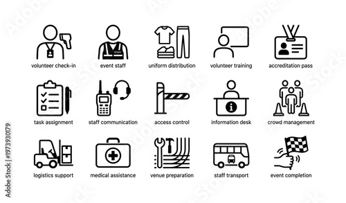 Event management icons set: staff, training, logistics, accreditation, security