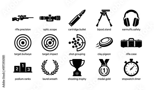Shooting equipment and accessories icons including rifle and target elements