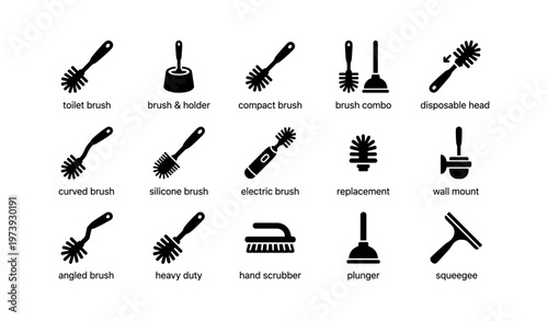 Bathroom cleaning tools set: brushes, plunger, squeegee, wall mount options