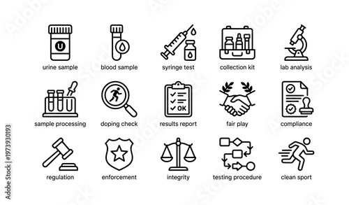 Medical testing icons: urine, blood, syringe, lab equipment, fair play, compliance