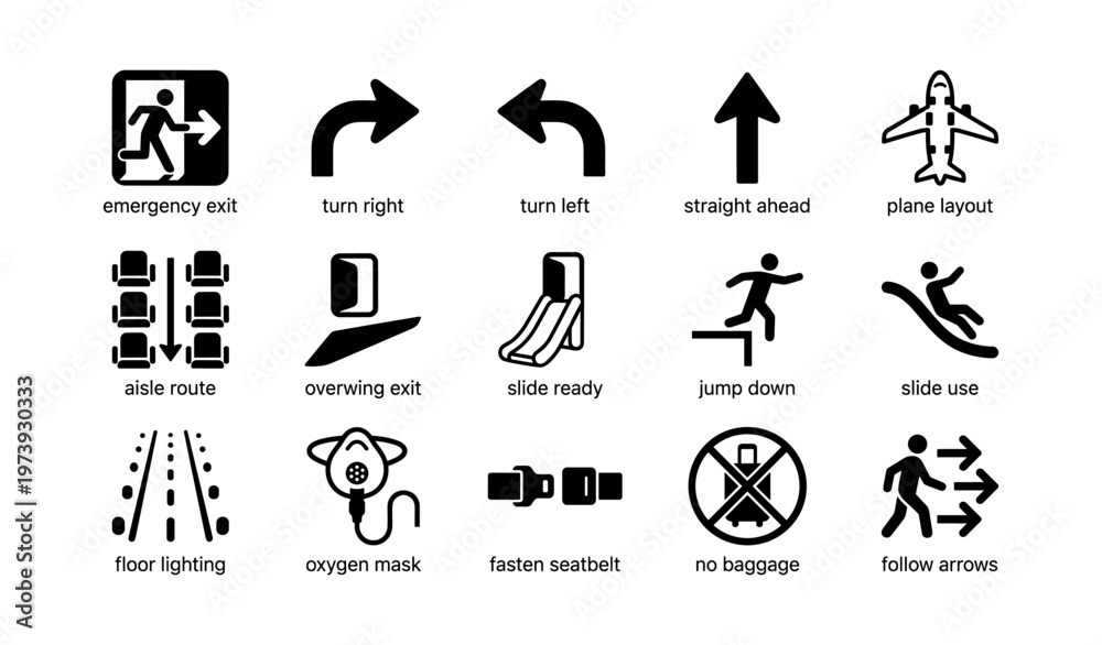 Fototapeta premium Pictograms of emergency exits and airplane safety symbols