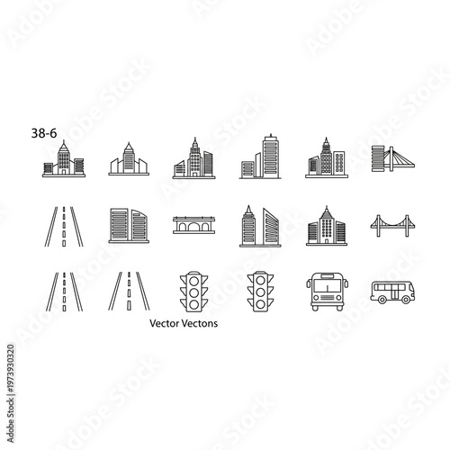 Urban city planning and infrastructure line icon set