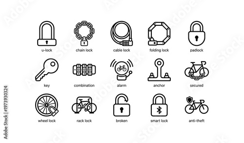 Various types of bike locks and security symbols in black icons set