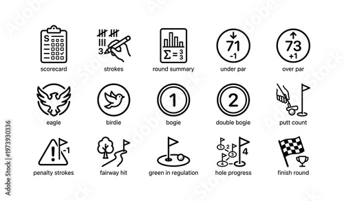Golf symbols for scorecard, strokes, and round summary representation