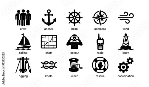 Nautical symbols: crew, anchor, helm, compass, wind, sailing, navigation icons