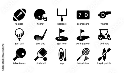 Icons of sports equipment: football, golf, table tennis, pickleball, badminton