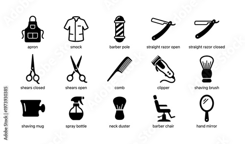 Barber tools icons including razor, clipper, comb, scissors, smock, apron, chair