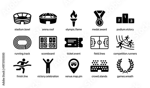Sports icons: stadium, arena, olympic, medal, podium symbols