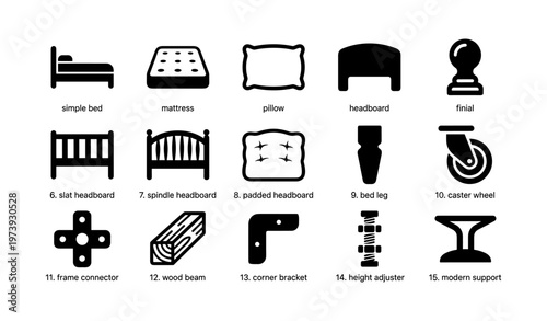 Furniture components: bed, mattress, pillow, headboard, caster wheel, bracket