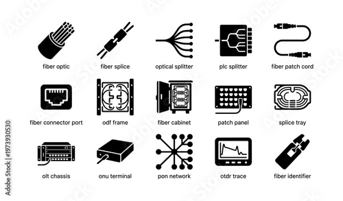 Fiber optic components and network equipment icons