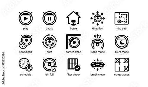 Robot vacuum icon set: cleaning modes and home navigation symbols