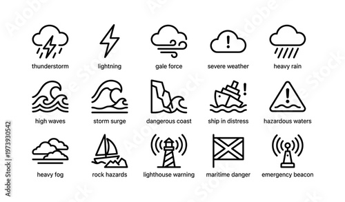 Weather and maritime hazard icons: thunderstorm, lightning, high waves, lighthouse warning, emergency beacon