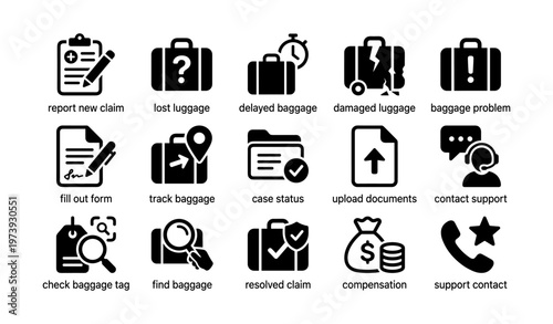 Baggage claim and support icons set
