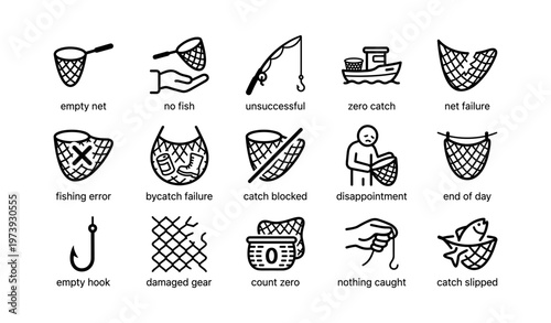 Icons depicting unsuccessful fishing with nets, hooks, and gear