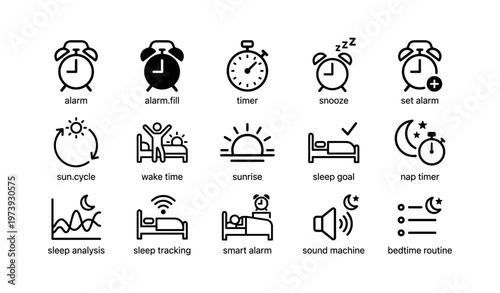 Set of 15 alarm and sleep icon designs for sleep tracking and management