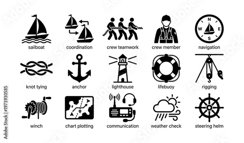 Maritime icons: sailboat, crew, navigation, knot tying, anchor, lighthouse, lifebuoy