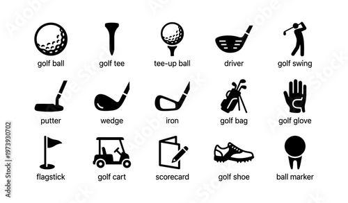 Icon set of golf equipment and actions including clubs, cart, and accessories