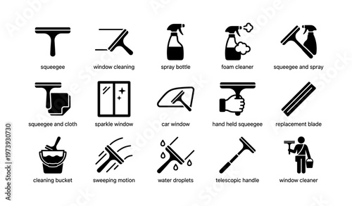 Window cleaning icons: squeegees, spray bottles, foam cleaners, buckets, blades
