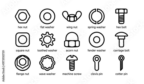 Assorted hardware: nuts, washers, bolts, pins, and screws icons