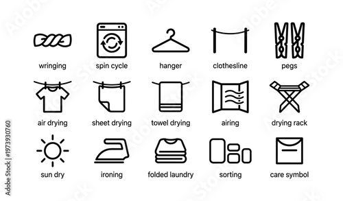 Laundry icons: washing, drying, ironing, folding, sorting symbols